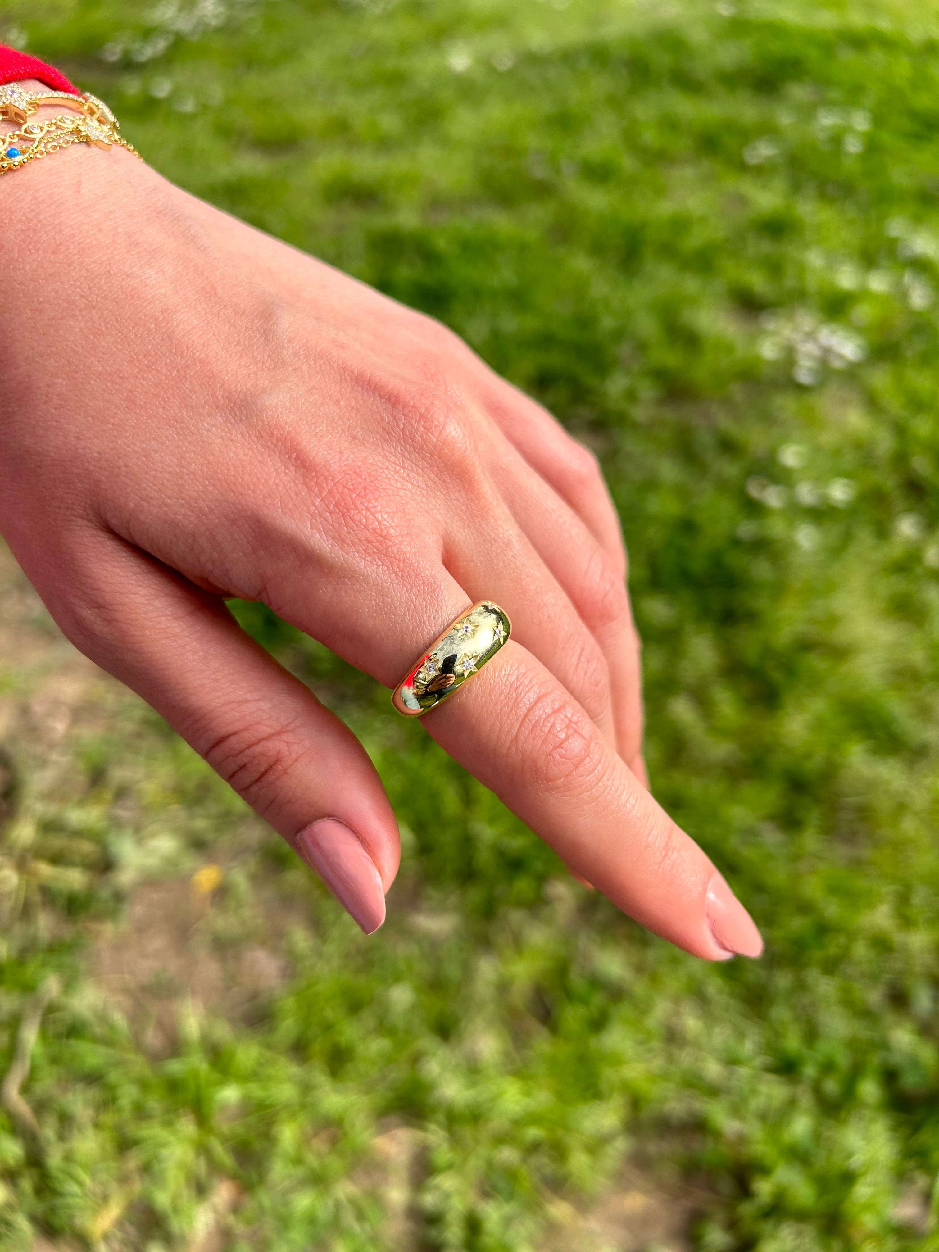 Mini Taşlı Yıldızlı Bombe Yüzük | 925 Ayar Yüzük