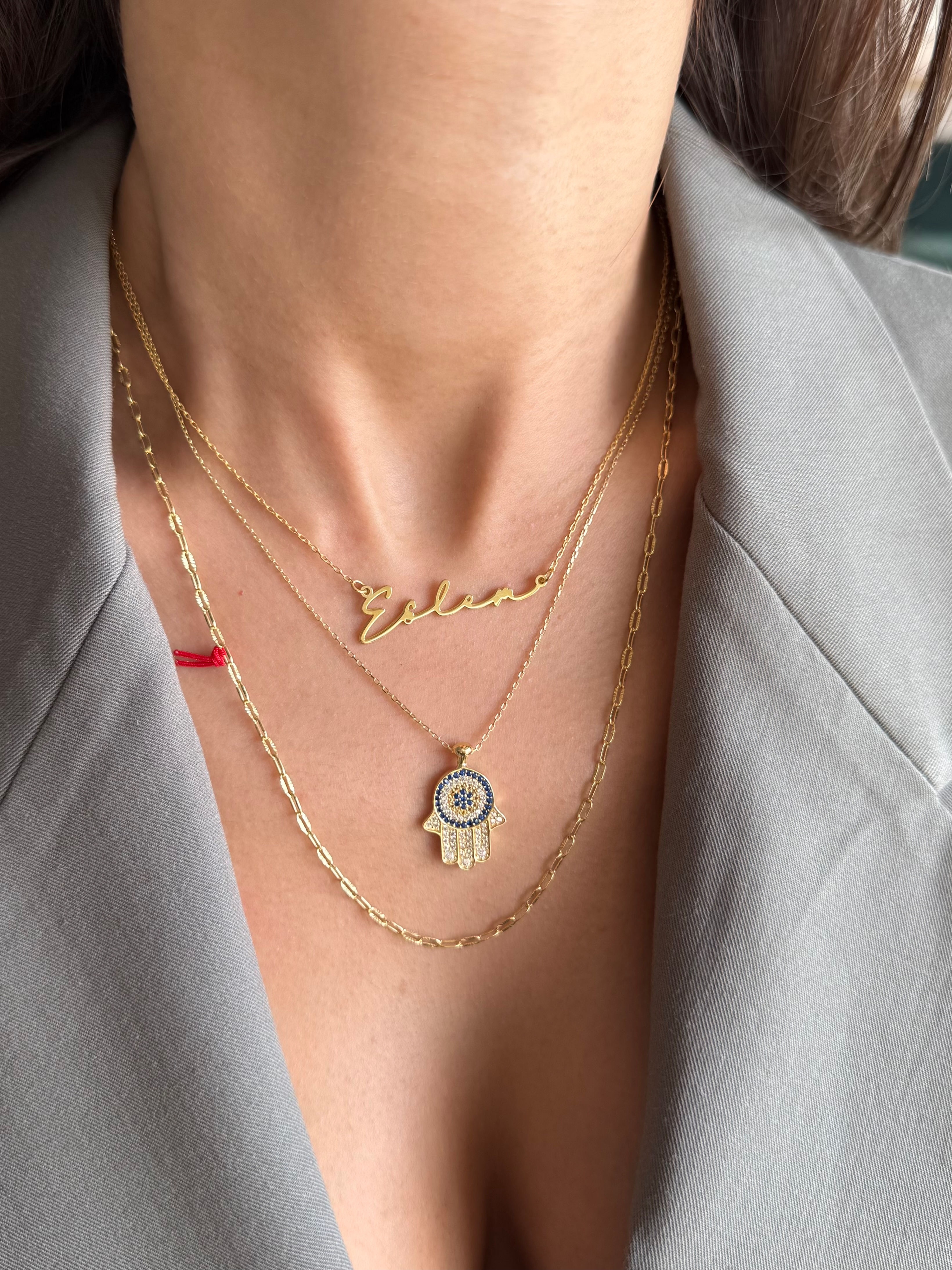 Nazar Detaylı Taşlı Hamse Kolye | 925 Ayar Gümüş