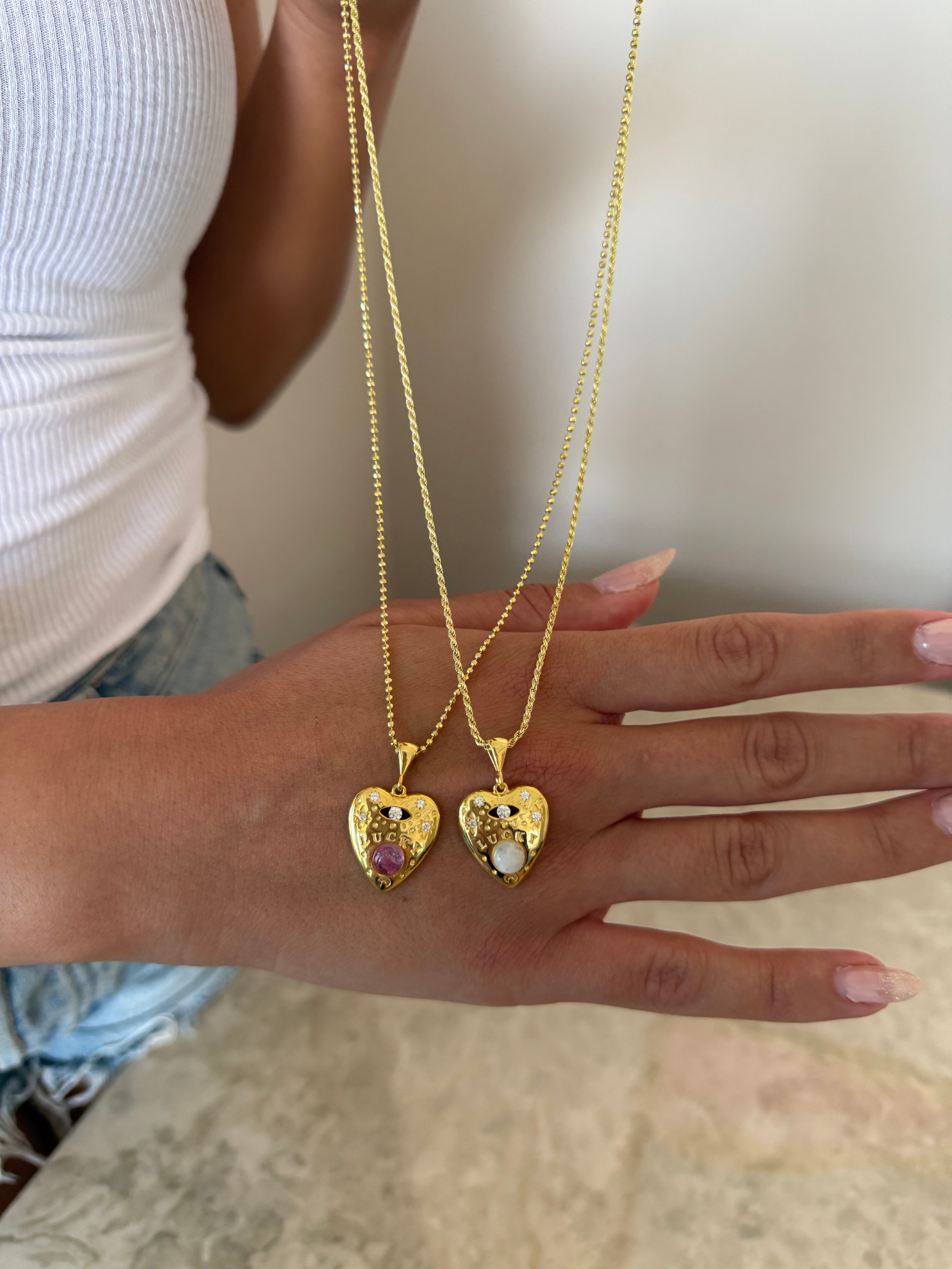 Doğal Taşlı Kalp Lucky Kolye | 925 Ayar Gümüş