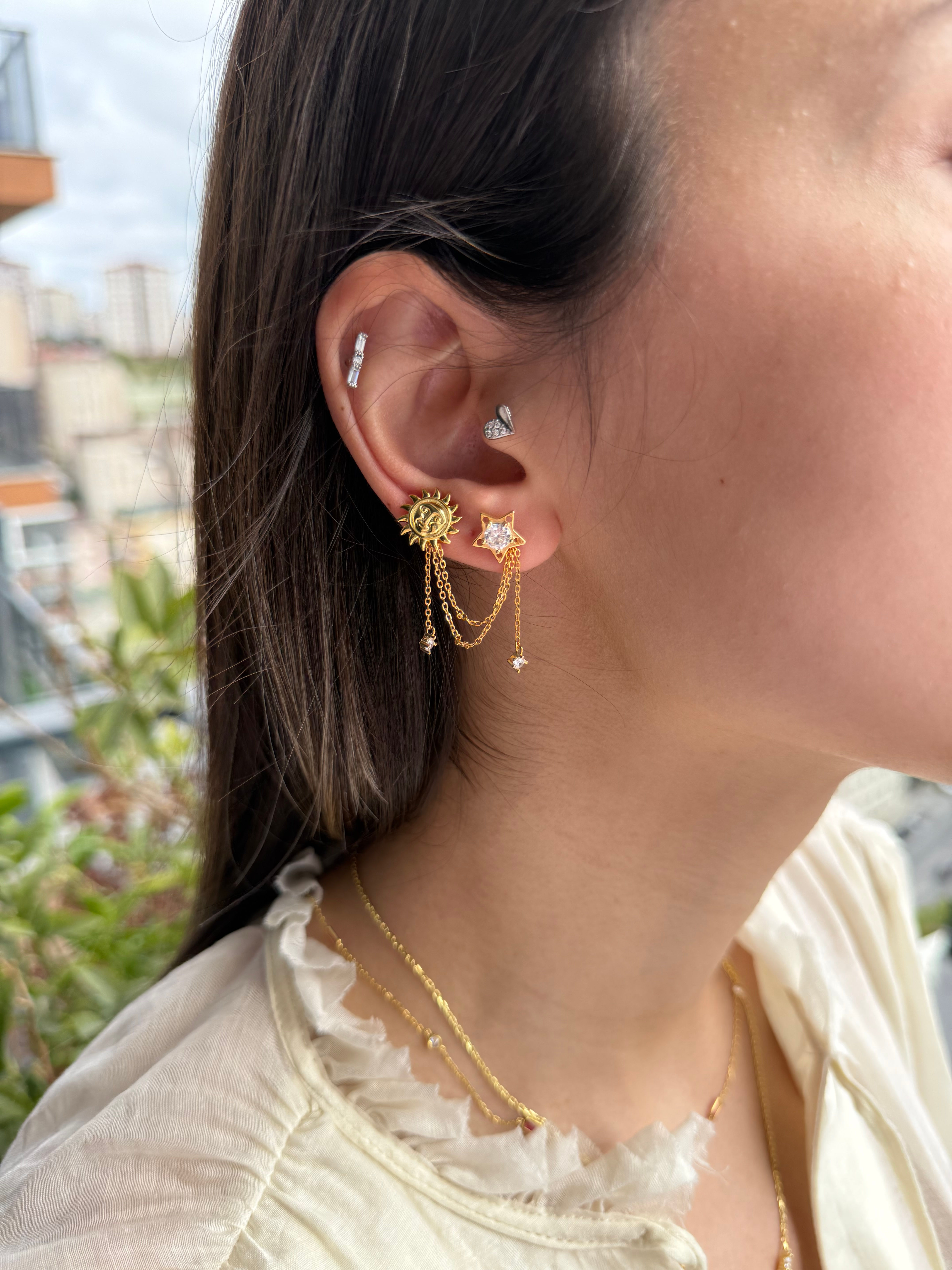 İkili Taş Detaylı Güneş Yıldız Küpe-Tek- | 925 Ayar Gümüş