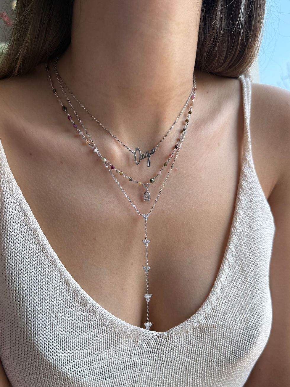 Thumbnail: Natural Tourmaline Stone Letter Charm Necklace | 925 Sterling Silver