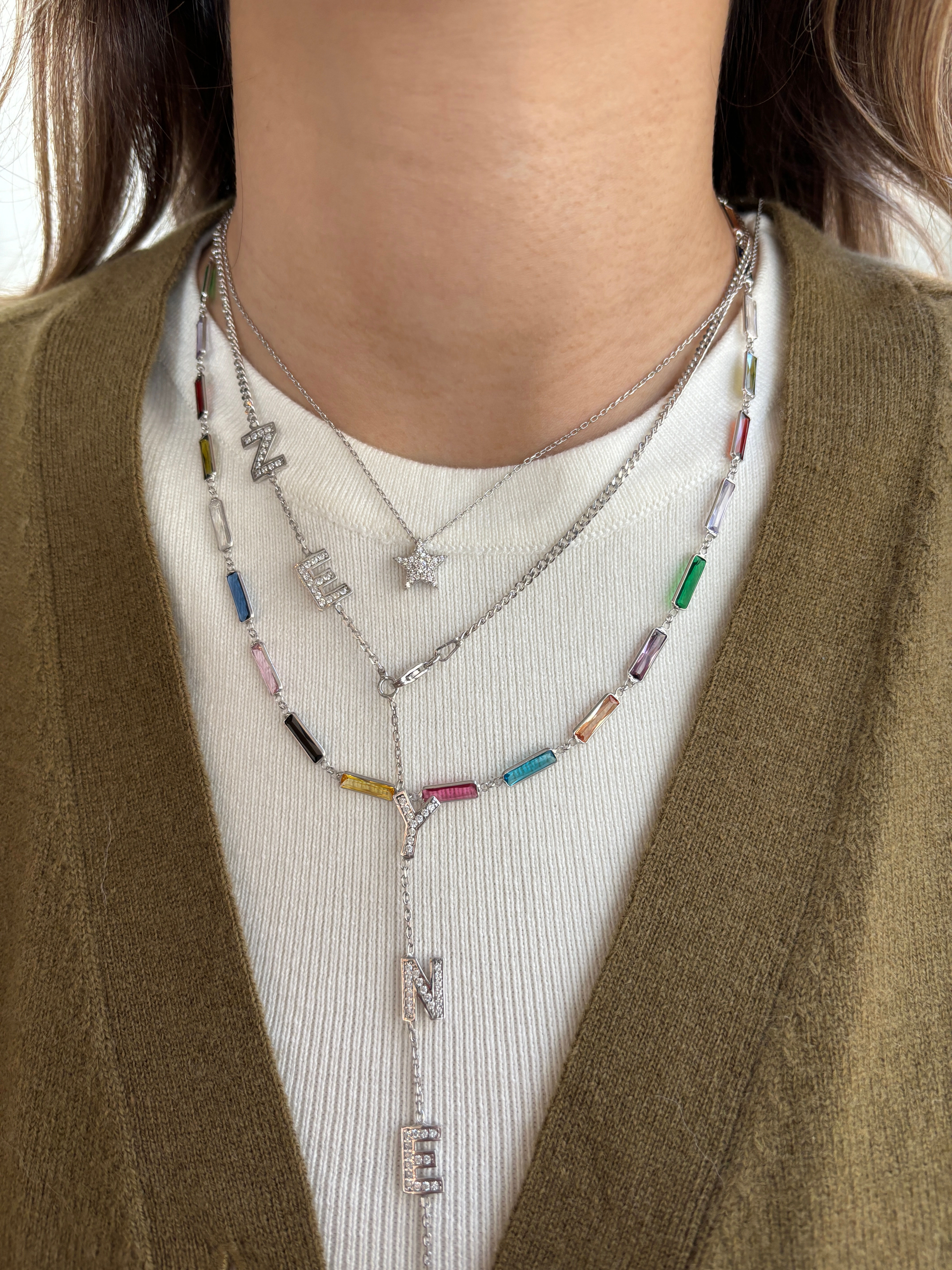 Renkli Uzun Baget Taşlı Kolye | 925 Ayar Gümüş