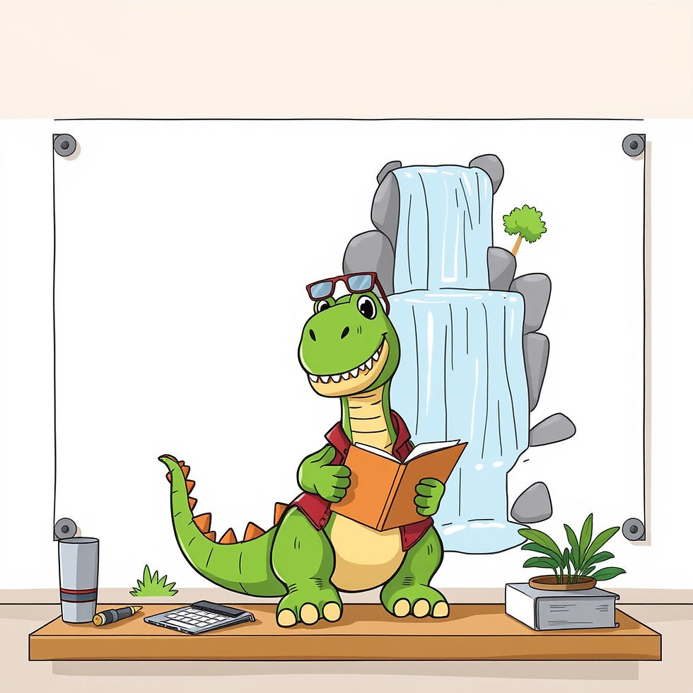 a dinopreneur drawing a sequence, waterfall, not agile.