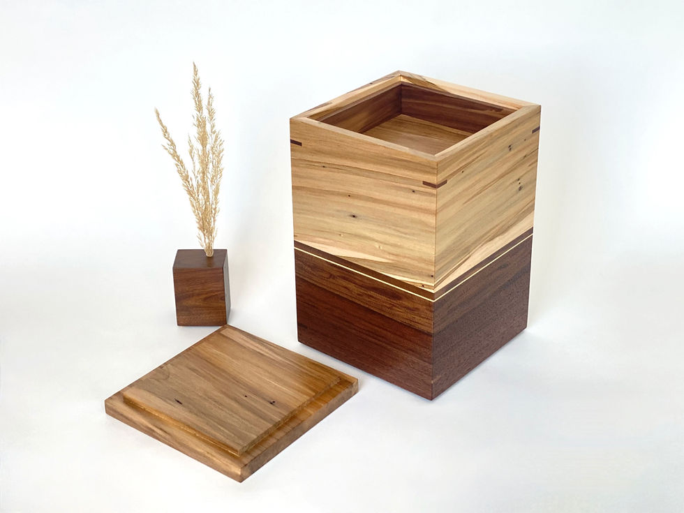 Miniature : 45 angle view view of ambrosia and walnut cremation urn with flower stand and lid off flipped
