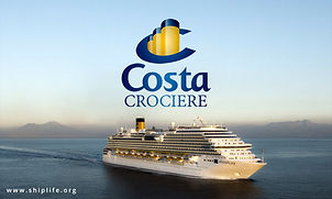 Costa Crociere logo and cruise ship against the sea Vip Caribbean Office.