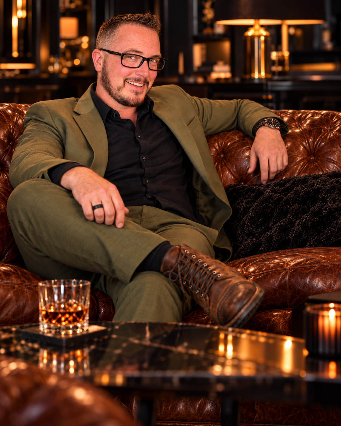 Ayce Kyptyn smiling in an olive suit and black shirt, seated on a leather sofa with copper-brown boots