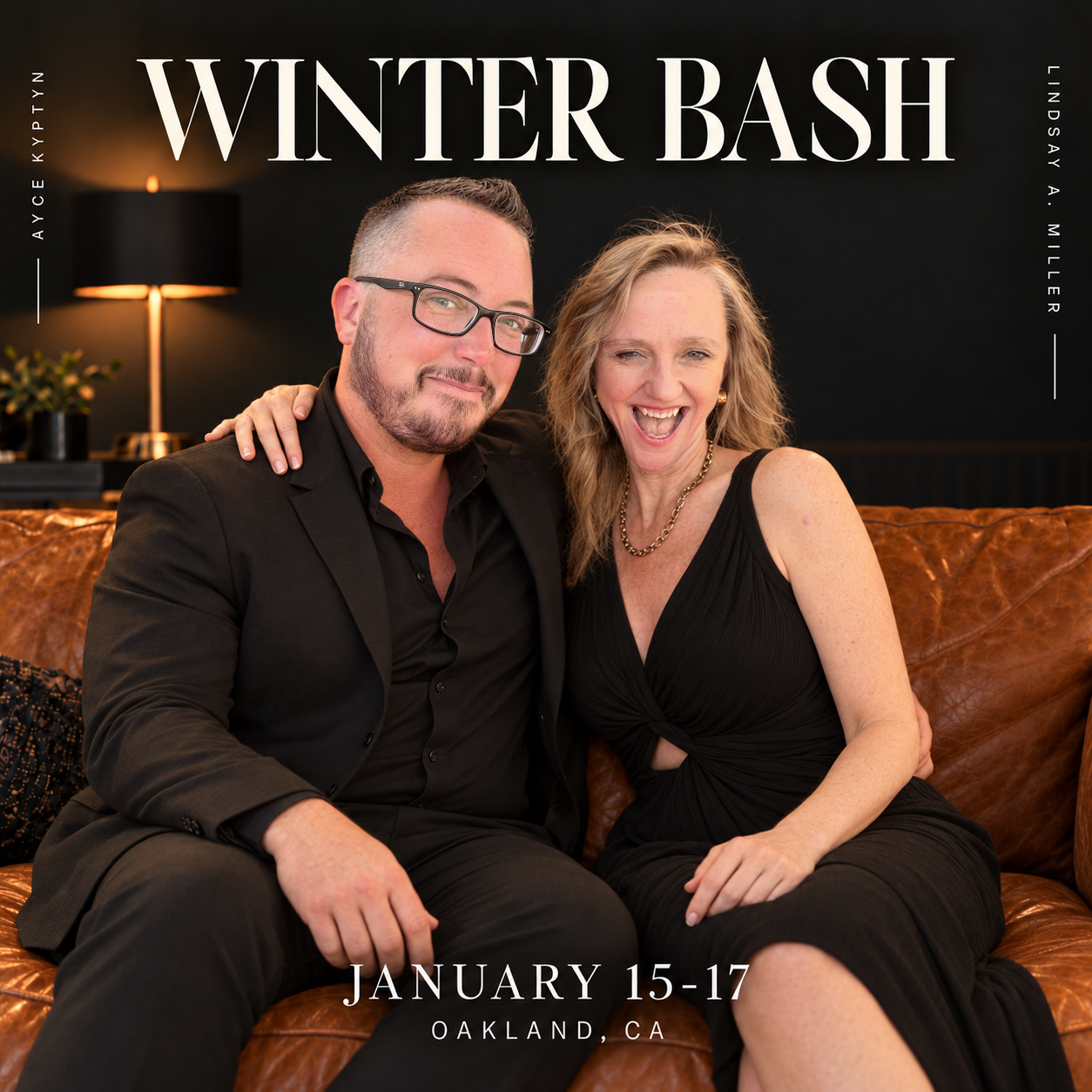 Winter Bash hosts Ayce Kyptyn and Lindsay A. Miller seated on a tan leather couch