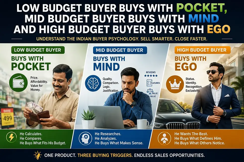 Infographic comparing low, mid, and high budget Indian buyers: pocket, mind, ego; men with wallet, laptop, and luxury car.
