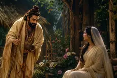 Ravana disguised as a saint approaches Sita outside her forest hut in a dramatic cinematic scene inspired by the Ramayana. Warm golden light filters through dense trees as the mysterious ascetic carries a begging bowl and staff, while Sita looks at him with curiosity, unaware of his true identity. The image captures the tense moment just before Ravana reveals his deception, with a highly detailed, movie-like atmosphere and ancient Indian forest setting.