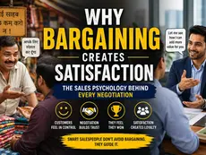 An Indian customer negotiating with a street vendor alongside a professional salesperson discussing value with a client, illustrating how bargaining builds trust, satisfaction, and stronger sales relationships in the Indian buying journey.