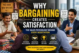 An Indian customer negotiating with a street vendor alongside a professional salesperson discussing value with a client, illustrating how bargaining builds trust, satisfaction, and stronger sales relationships in the Indian buying journey.
