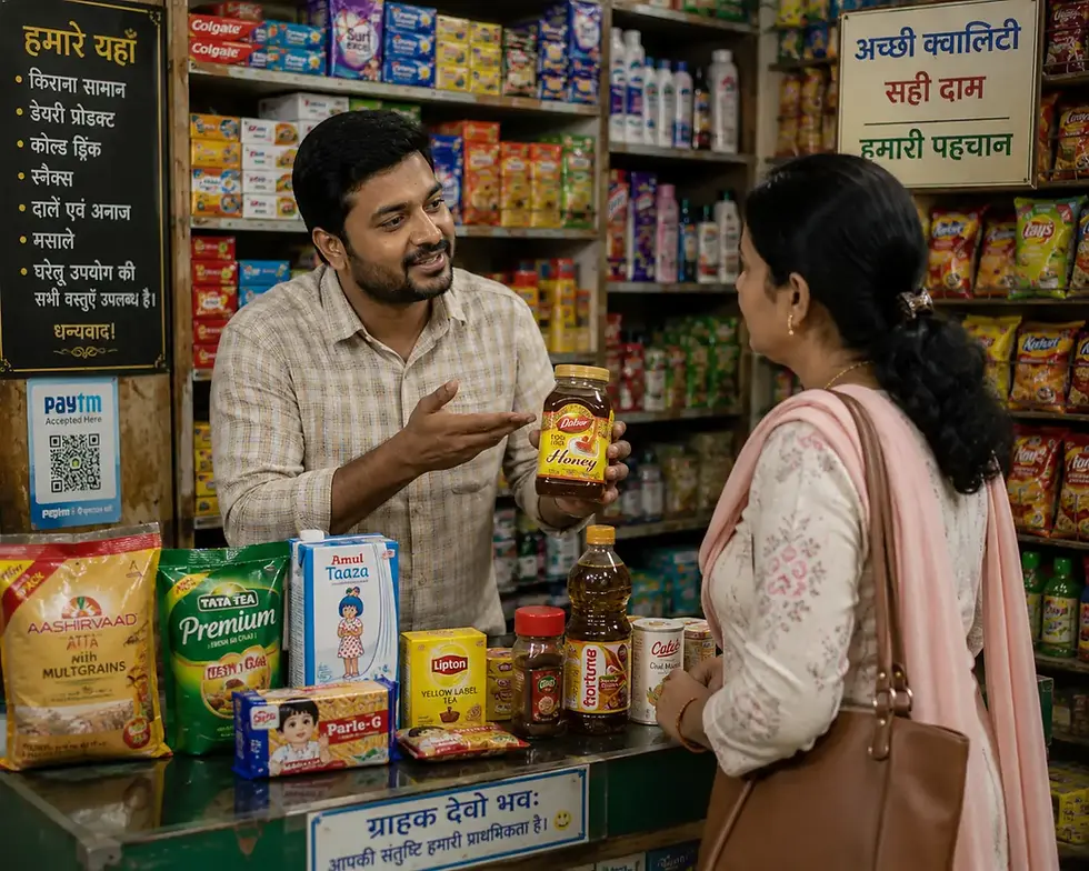 Shopkeeper shows a honey jar to a woman in a small Indian grocery, with shelves of snacks and Hindi signs.