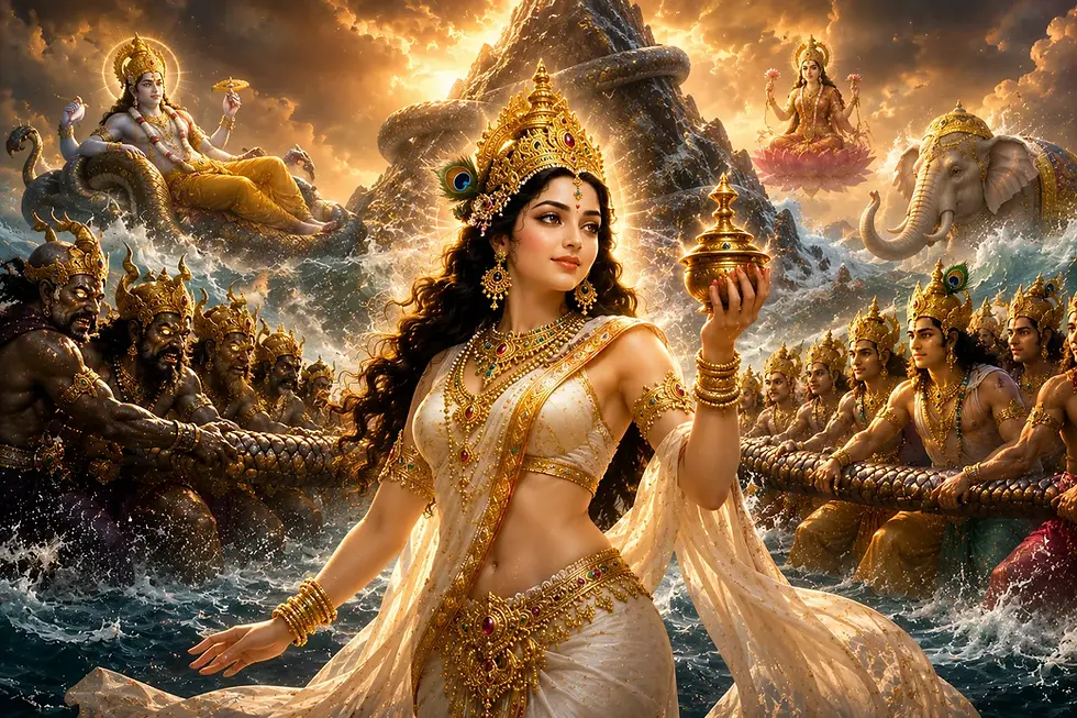 "Epic digital illustration of Vishnu's Mohini avatar holding the pot of Amrit during Samudra Manthan, with devas and asuras churning the cosmic ocean using Vasuki around Mount Mandara. Dramatic golden lighting and mythological details symbolize strategy, wisdom, and divine influence."