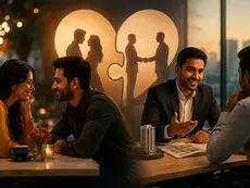 A cinematic blog cover showing a young Indian couple enjoying a date on one side and a salesperson confidently meeting a client on the other. The image highlights the connection between relationship psychology and sales, with bold text emphasizing that successful selling is about understanding, trust, timing, and emotional connection rather than pressure.