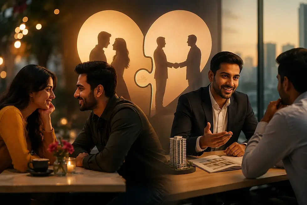 A cinematic blog cover showing a young Indian couple enjoying a date on one side and a salesperson confidently meeting a client on the other. The image highlights the connection between relationship psychology and sales, with bold text emphasizing that successful selling is about understanding, trust, timing, and emotional connection rather than pressure.