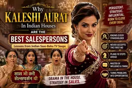 A dramatic Indian TV saas-bahu serial-style blog cover featuring a confident woman in a maroon sari pointing at the viewer, surrounded by shocked family members in a luxurious Indian home. Bold text reads, “Why Kaleshi Aurat in Indian Houses Are the Best Salespersons,” with sales lessons such as knowing stakeholders, never accepting the first no, planning ahead, mastering influence and timing, and turning problems into opportunities.