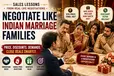 Illustration of a B2C sales negotiation inspired by an Indian arranged marriage meeting. A salesperson in a suit negotiates with a traditionally dressed Indian family, while speech bubbles highlight questions about final price, discounts, inclusions and the best deal. The cover promotes sales lessons on understanding customer needs, handling price objections, negotiating value, managing stakeholders and closing deals confidently.