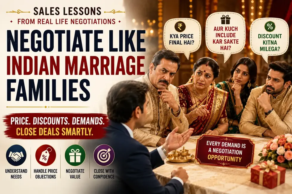 Illustration of a B2C sales negotiation inspired by an Indian arranged marriage meeting. A salesperson in a suit negotiates with a traditionally dressed Indian family, while speech bubbles highlight questions about final price, discounts, inclusions and the best deal. The cover promotes sales lessons on understanding customer needs, handling price objections, negotiating value, managing stakeholders and closing deals confidently.