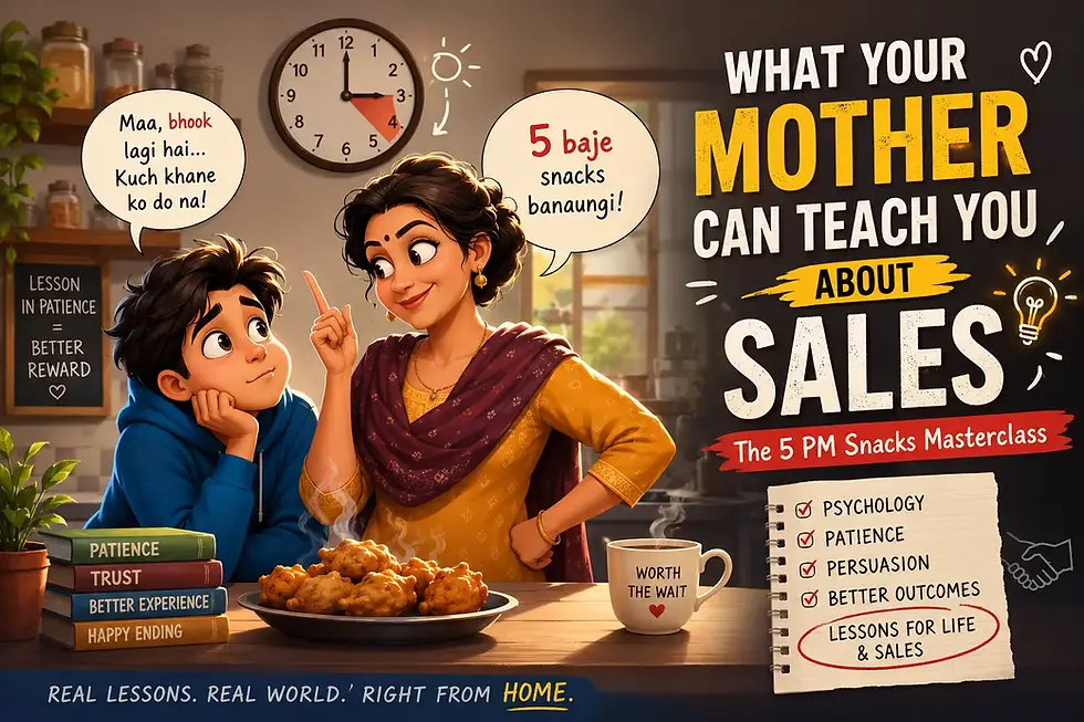 Animated illustration of an Indian mother convincing her hungry son to wait until 5 PM for hot evening snacks, symbolizing sales psychology, persuasion, patience, trust, and decision-making in a warm Indian family kitchen.