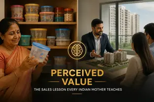 An Indian mother smiling while holding a reused plastic food container in front of a shelf filled with neatly stacked reusable containers. On the other side, a real estate salesperson presents a residential project model to a couple. The cover highlights the concept of perceived value in sales, showing how everyday buying psychology influences customer decisions. The text reads: "Perceived Value – The Sales Lesson Every Indian Mother Teaches."