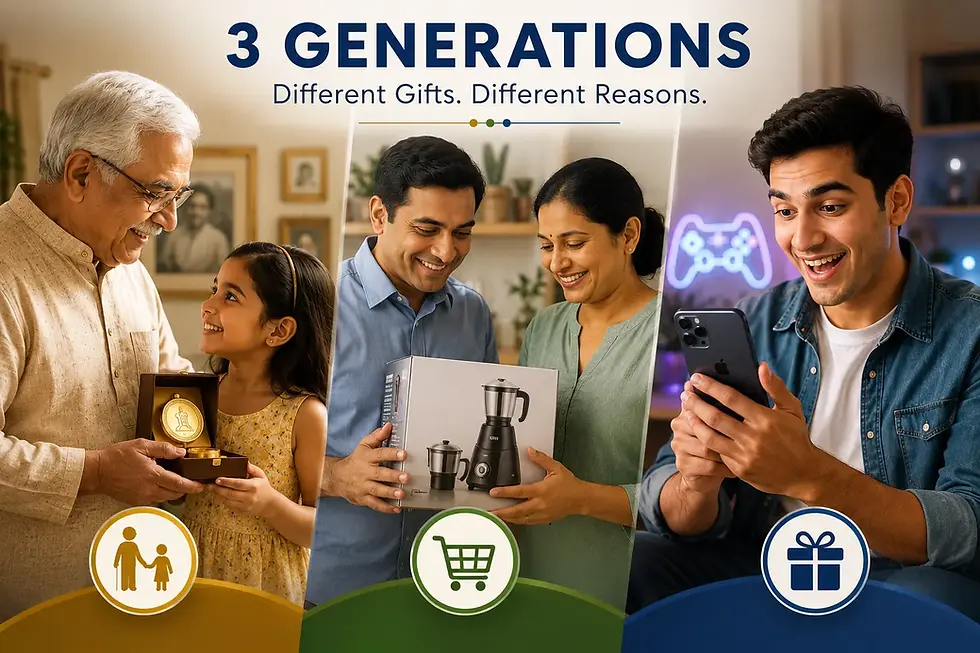 Three generations in an Indian family exchanging gifts, illustrating how grandparents, parents, and youngsters have different motivations behind giving.