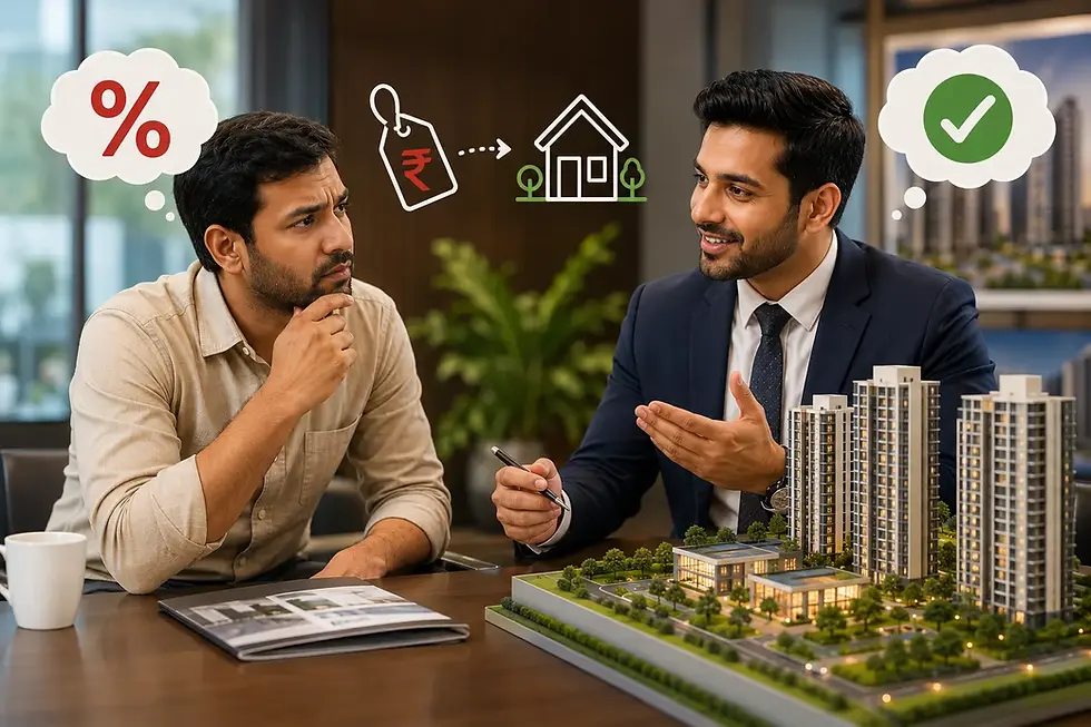 **Alt Text (SEO-friendly):** Real estate salesperson explaining property value to an Indian buyer who is asking about discounts before viewing the project, illustrating the psychology of value-based selling over price-first negotiations.