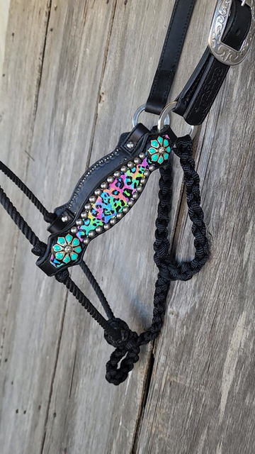 Thumbnail: Black Lariat noseband with rainbow cheetah