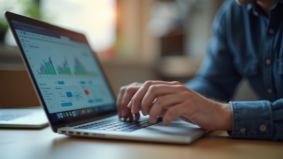 Close-up view of a logistics professional analyzing shipment data on a laptop