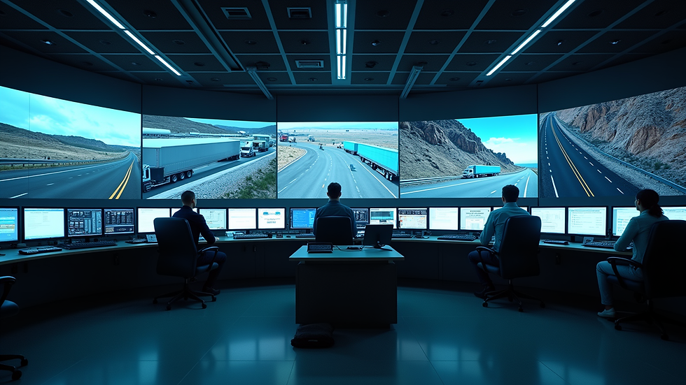 Eye-level view of a logistics control room with multiple screens showing transportation routes