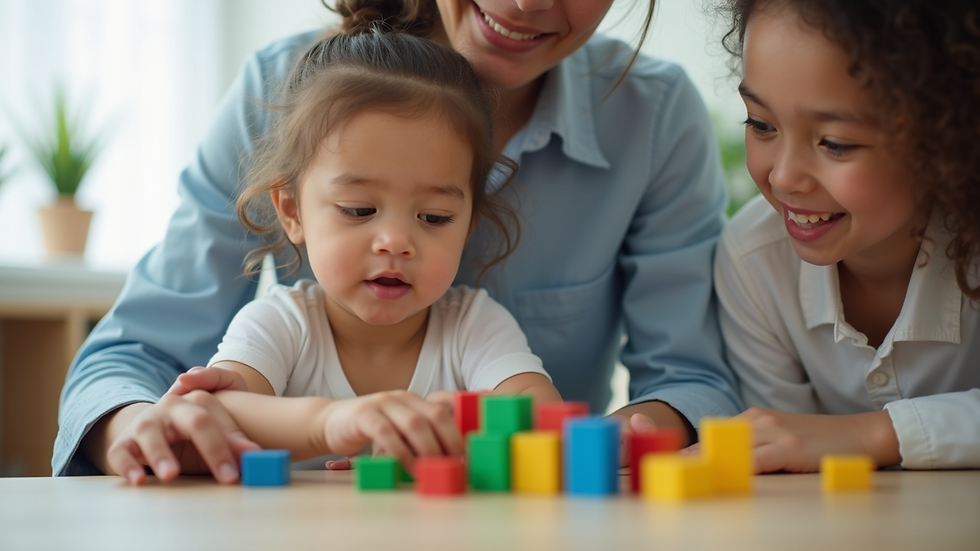 Eye-level view of a therapist working with a child using colorful blocks