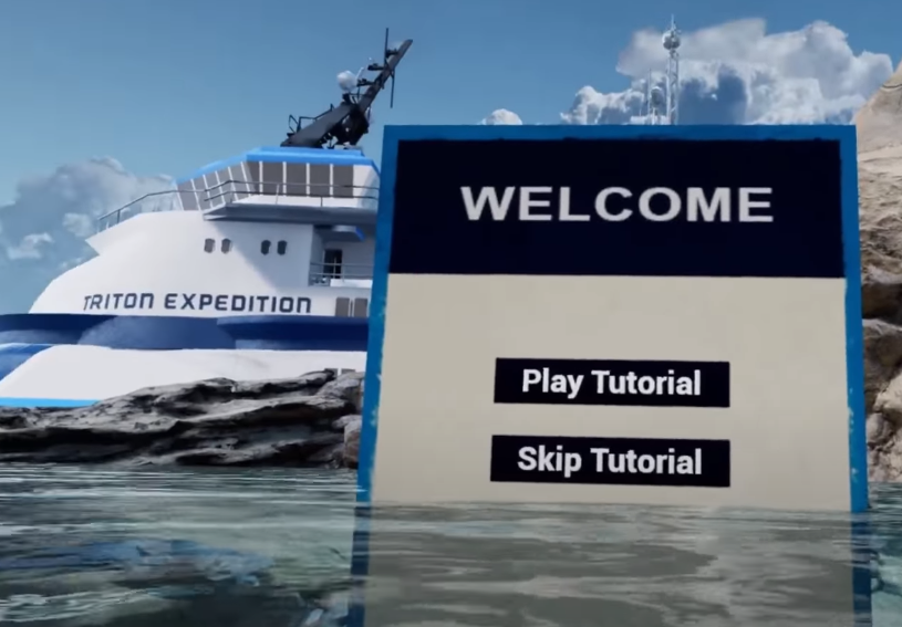 Another still from the VR video game, FREEDIVER: Triton Down. A large menu board appears in the game world, hovering above the water of a lagoon. In the background, a ship that reads TRITON EXPEDITION on the side appears.