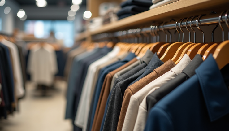 Close-up view of a clothing rack with discounted apparel inside a Ross store