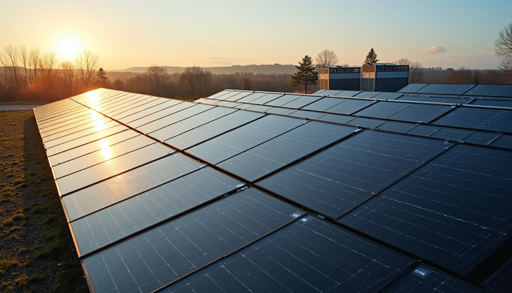 High angle view of a solar panel array integrated with battery storage units