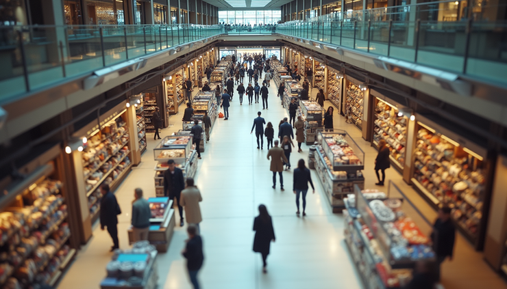High angle view of a Ross store interior showing organized aisles and shoppers browsing