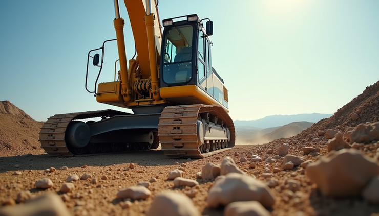 Eye-level view of a large yellow Caterpillar excavator working on a construction site