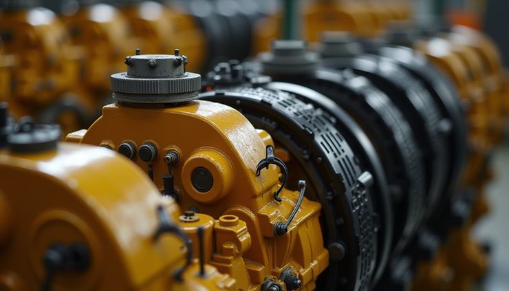 Close-up view of Caterpillar engine components arranged for maintenance
