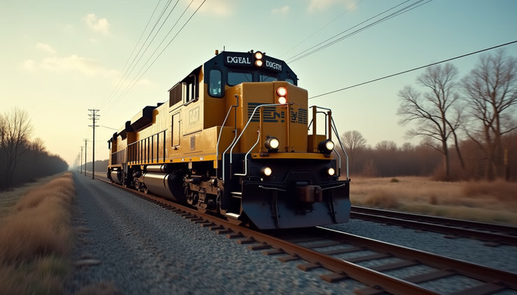 High angle view of a Caterpillar diesel-electric locomotive moving on railway tracks