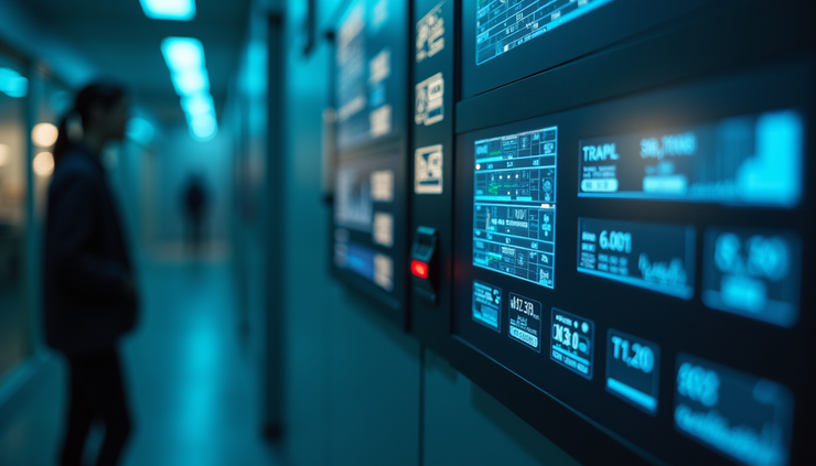 Close-up view of a smart grid control panel with digital displays