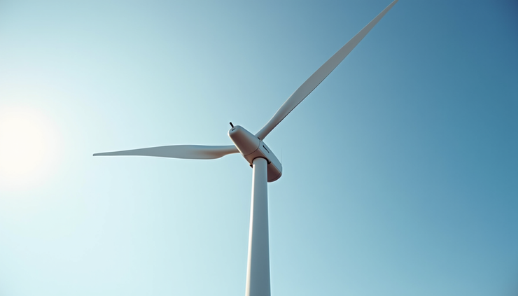 Eye-level view of a large offshore wind turbine against a clear sky