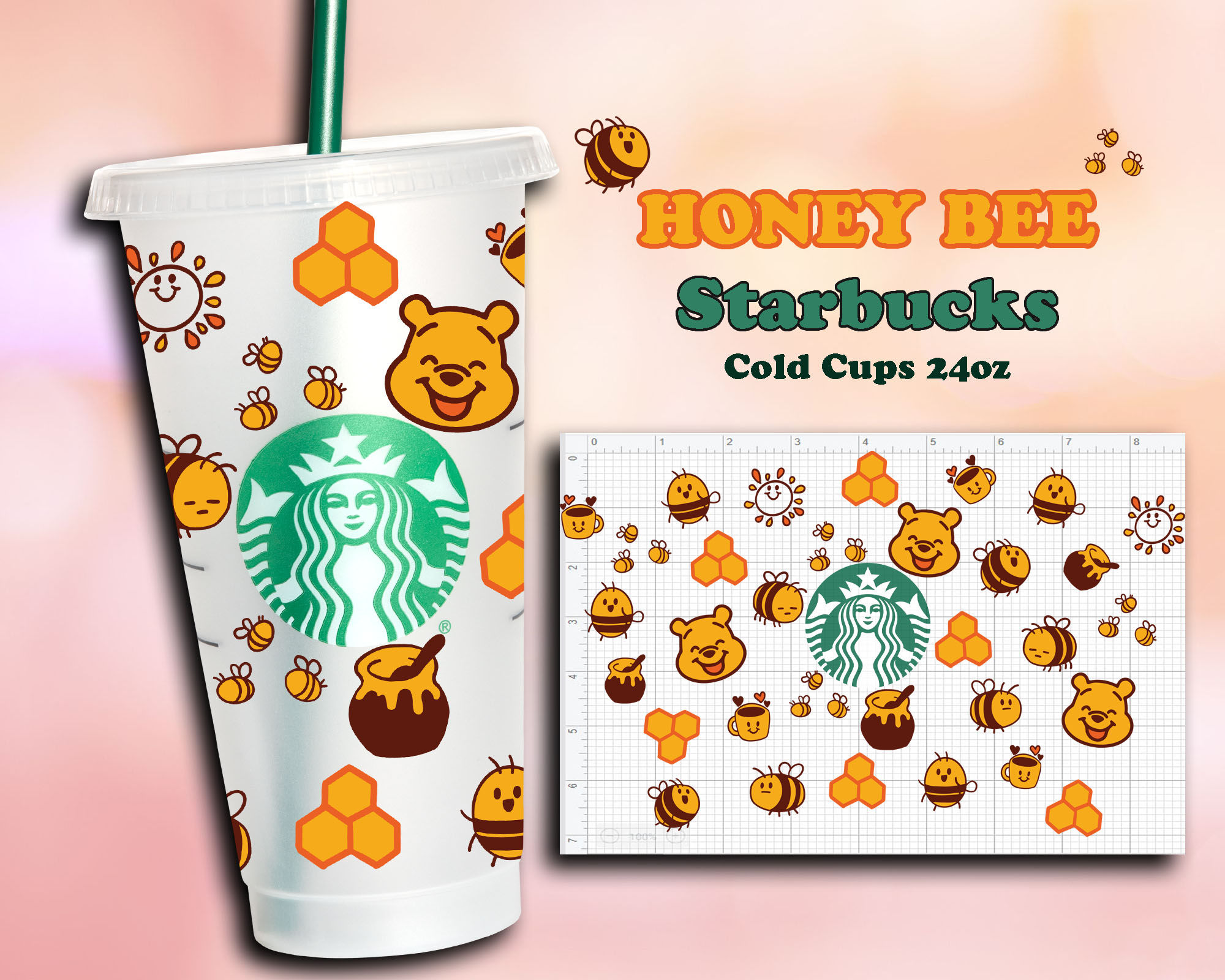 Honey Bee Full Wrap | DIY Venti Cup 24 oz Instant Download