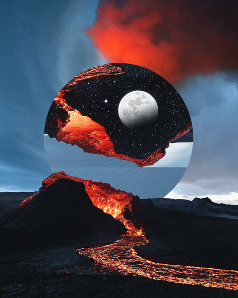 glitched lava portal with moon over volcano