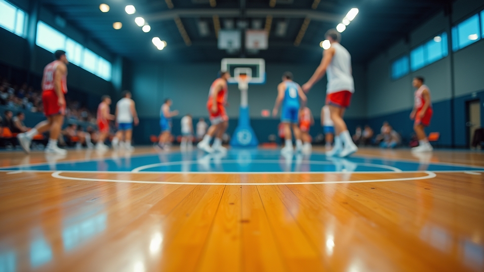 Eye-level view of a vibrant basketball court filled with players in action