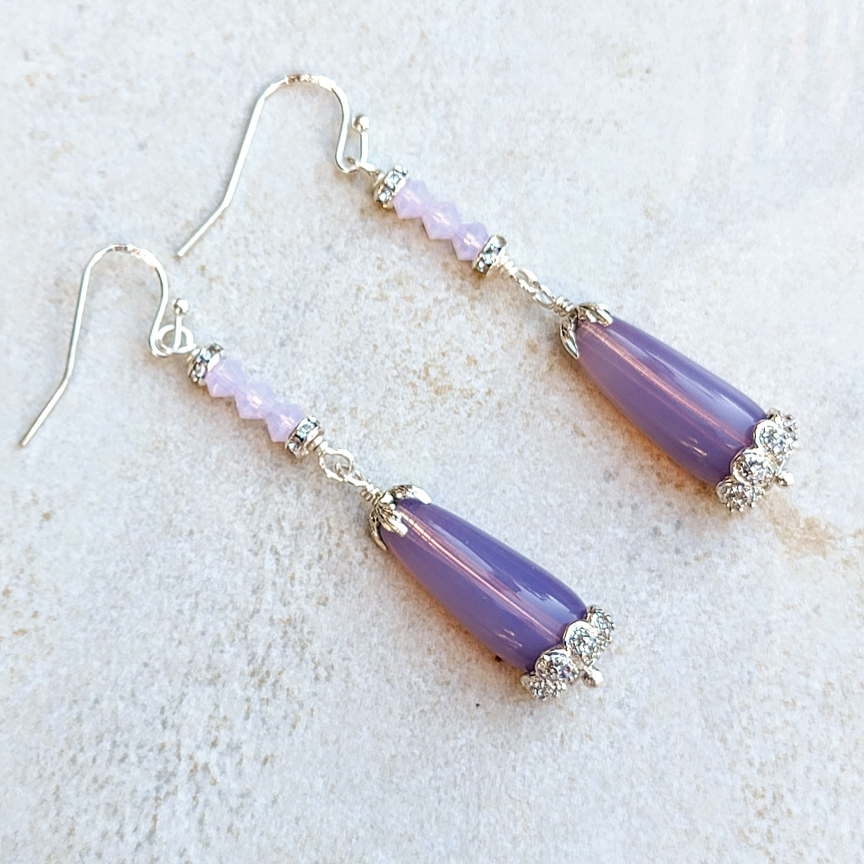 Sterling silver earrings with vintage opalescent lilac purple glass & crystal
