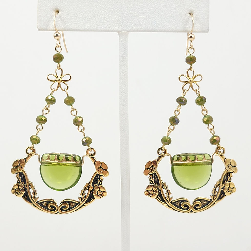 Thumbnail: Beautiful green Czech glass and crystal gold floral plant themed earrings