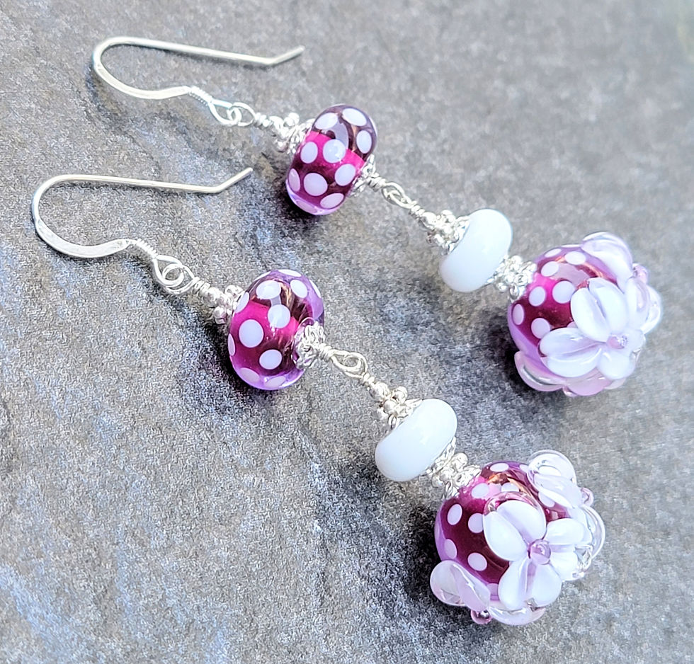 Magenta pink polka dot & floral artisan lampwork glass sterling silver earrings
