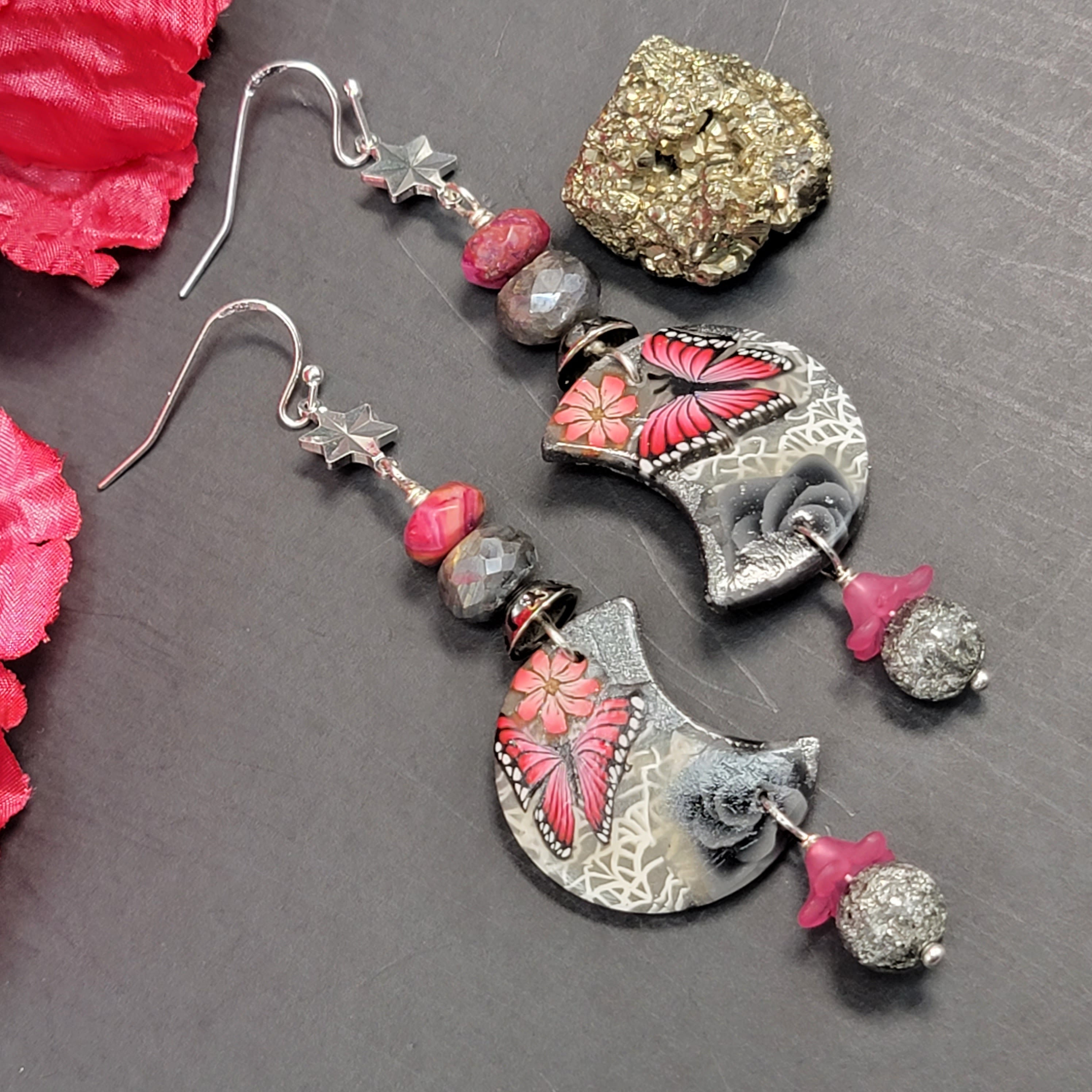 Sterling silver moon with pink flowers, crazy lace agate, moon and star earrings