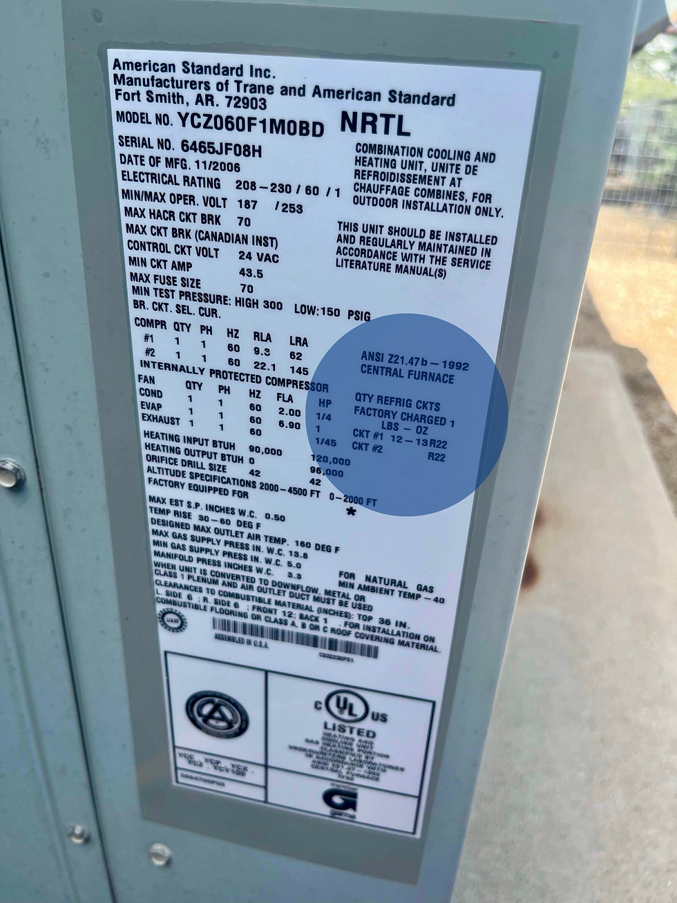 HVAC data plate indicating system uses R-22.