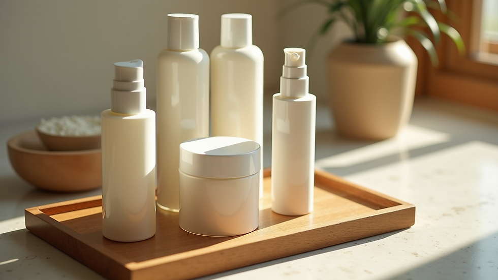 High angle view of Japanese skincare products on a wooden tray