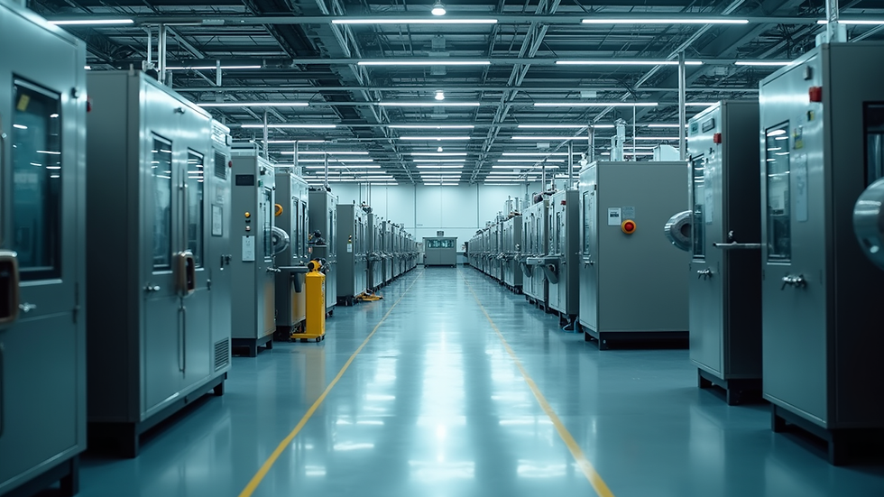 Eye-level view of a modern factory floor with connected machines