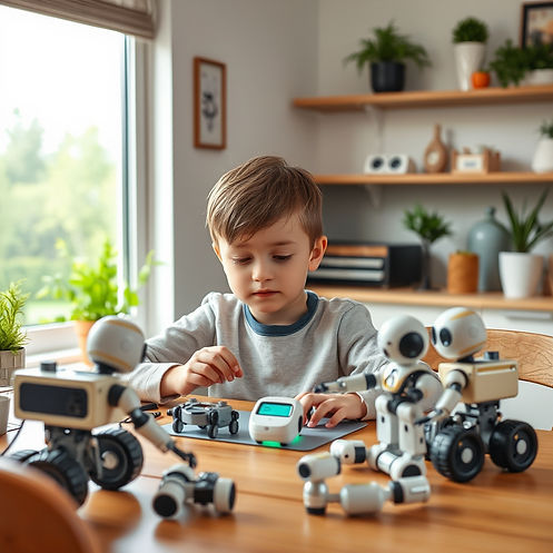 A child putting together robots
